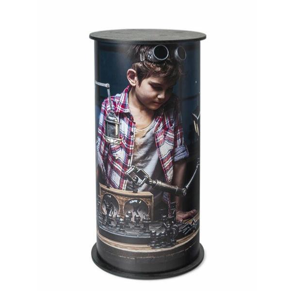 Comptoir accueil personnalisé rond diametre 45 cm, hauteur 93 cm, impression toile textile tendue , tablette noire 