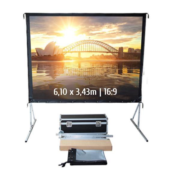 Ecran de projection avec valise pour video projecteur, format 6.1 x 3.43  m , ecran 16/9, toile projection arriere
