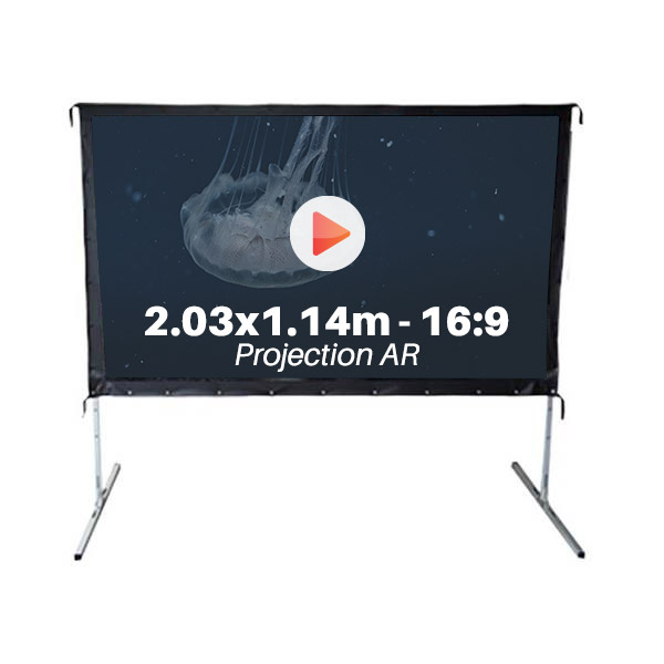 Ecran de projection avec valise pour video projecteur, format 2,03 x 1.14 m , ecran 16/9, toile projection arriere