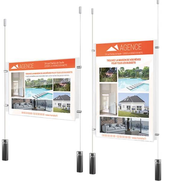 Porte affiche vitrine  60x80 cm en plexi transparent  avec câbles pinces et lest 