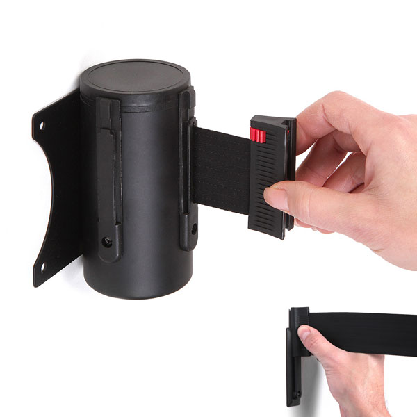 Support sangle rétractable 3m noir  murale file d'attente, 1 émetteur, 1 récepteur