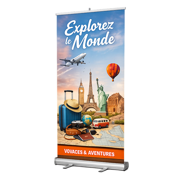 Roll up personnalisé , structure aluminium , impression sur toile pvc M1 , format 85 x 206 cm 