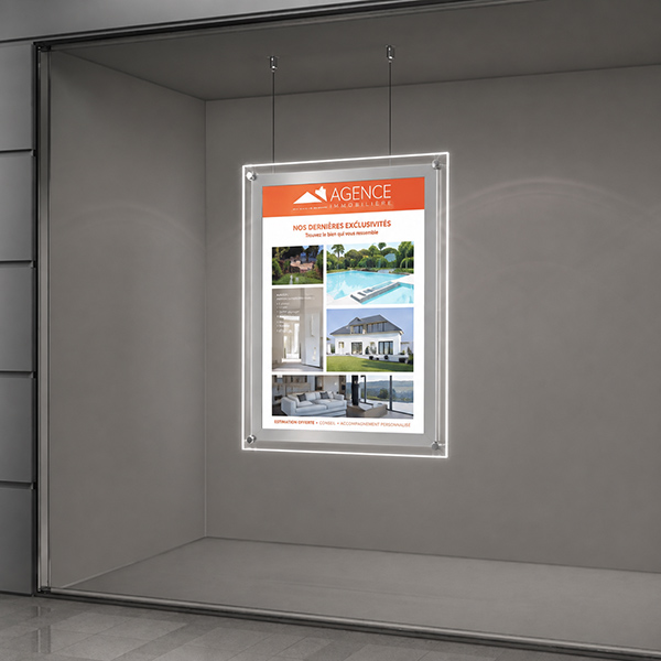 Kit affichage vitrine lumineux sur cables, 1 colonne de 1 x 600xx800 mm  portrait ou paysage