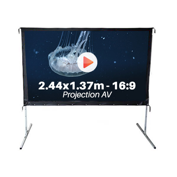 Ecran de projection avec valise pour video projecteur, format 2,44 x 1.37 m , ecran 16/9, toile projection avant 