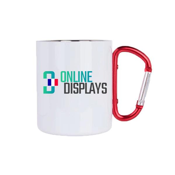 Mug inox blanc impression personnalisée, hauteur 9 cm, avec anse mousqueton rouge