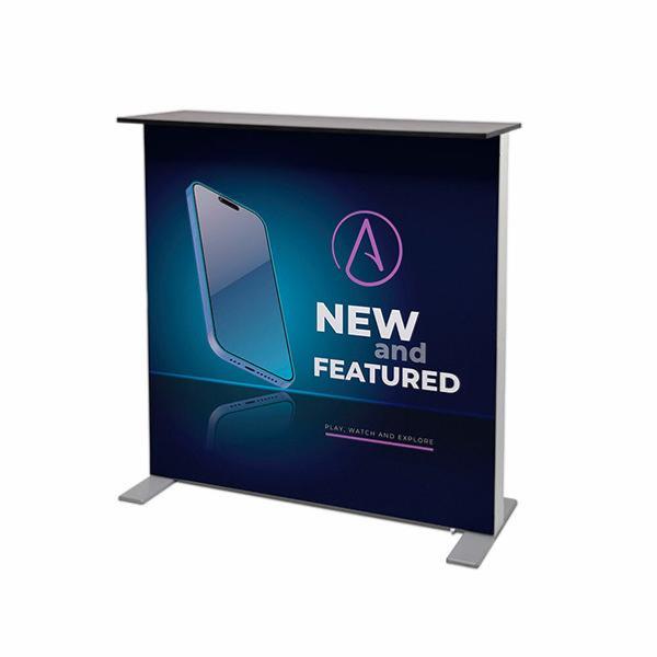 Comptoir accueil personnalisé lumineux, structure cadre alu pliable , impression quadri sur toile texile tendue recto verso 