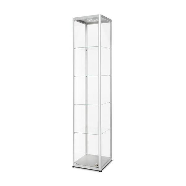 Vitrine d'exposition en verre , format 40 x 40 x 200 cm , avec eclairage LED 