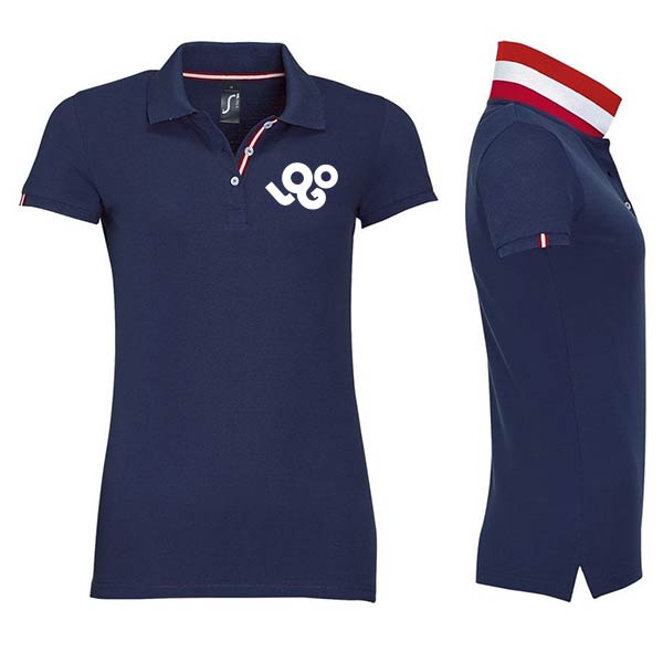Impression polo femme bleu marine personnalisé, manches courtes et col bicolore, 200g/m², 100% coton