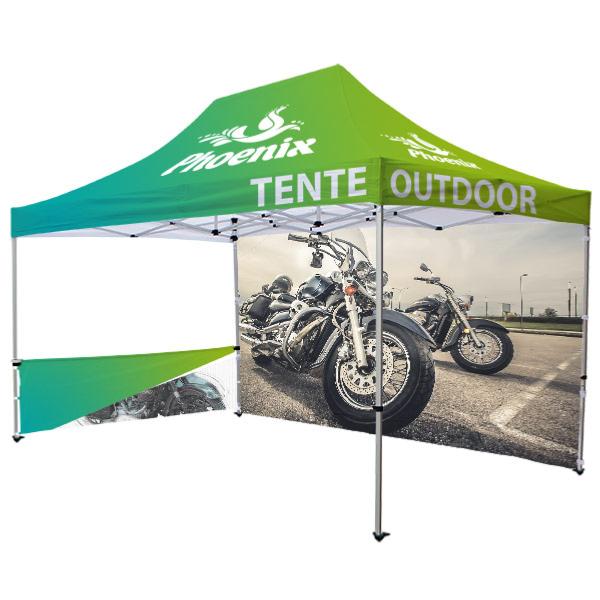 Tente publicitaire 3 x 4.5 m , impression fullgraphic sur toile 270g  + 1 mur 3 x 4.5 m recto + 1 demi mur 3m recto 