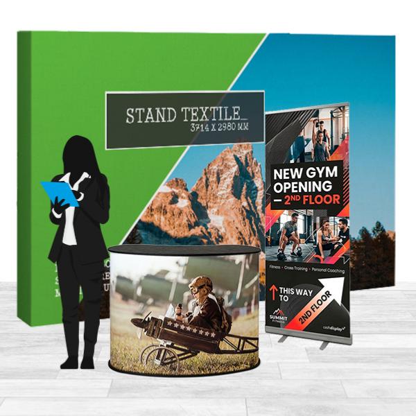 Pack 11 stand publicitaire  avec 1 stand parapluie  370 cm , 1 comptoir accueil personnalisé 120 cm  , 1 roll up personnalisé 85x206 cm