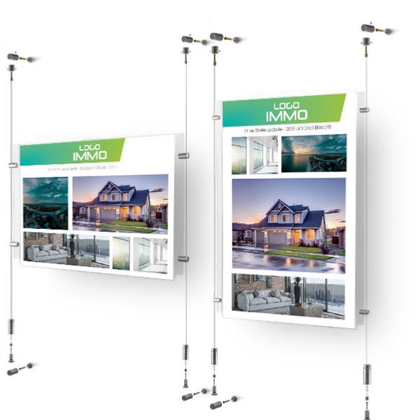 Kit porte affiche mural sur cables, format A4, avec fixation sur cables murales