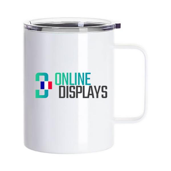 Mug inox blanc personnalisé 400 ml avec poignée et couvercle , impression quadri  photo ou texte 