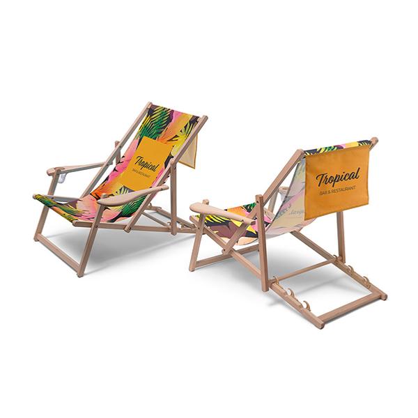 Chaise longue pliable personnalisée , version confort , structure bois de hetre , impression avec banniere arriere