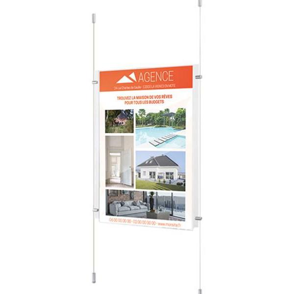 Kit porte affiche vitrine  format A0 fixation par cable sol plafond 
