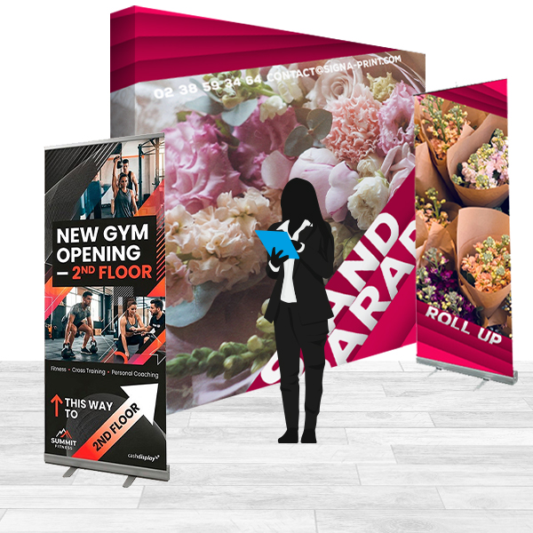 Pack 12 stand publicitaire  avec 1 stand parapluie  224 cm , 2 roll up personnalisés 85x206 cm
