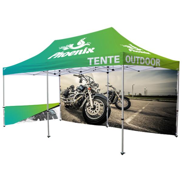 Tente publicitaire 3 x 6 m , impression fullgraphic sur toile 270g  + 1 mur impression recto 3x6 m + 1 demi mur 3m recto 
