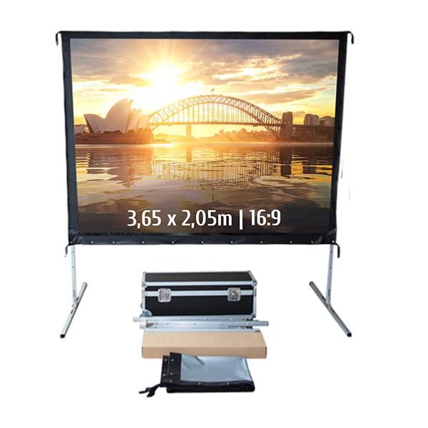 Ecran de projection avec valise pour video projecteur, format 3.65 x 2.05m , ecran 16/9, toile projection arriere