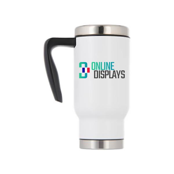 Mug isotherme inox blanc personnalisé 480 ml avec poignée et couvercle , impression quadri  photo ou texte 