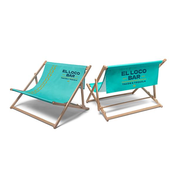 Chaise longue pliable duo personnalisée , structure bois de hetre , impression avec banniere arriere
